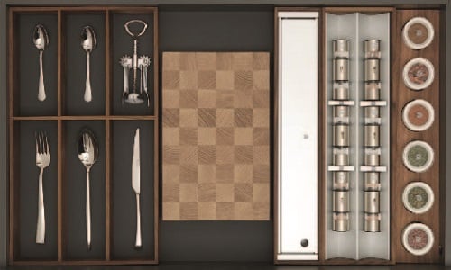 kitchen drawer organization with wooden cutlery inserts, knife storage, spice jars, and custom accessory compartments.