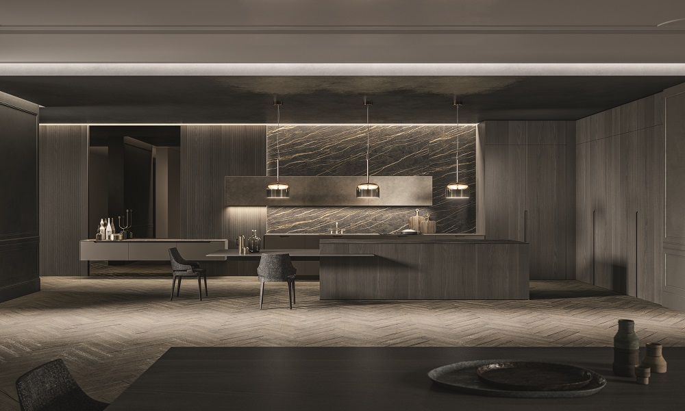 Pure Glam kitchen by Aster Cucine featuring elegant cabinetry, refined finishes, integrated lighting, and a sophisticated contemporary design.