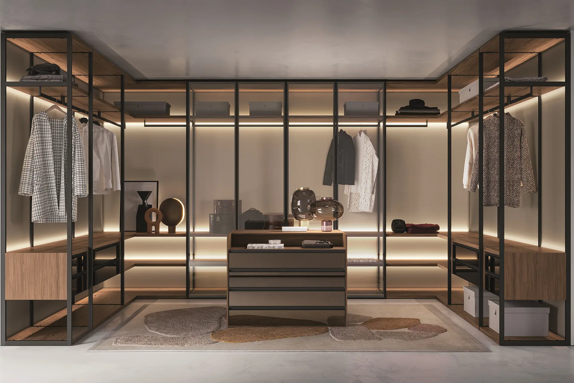 Luxury walk-in closet featuring custom open wardrobe system with wood shelving, metal framing, integrated LED lighting, and central drawer island by Urban Homes NYC.
