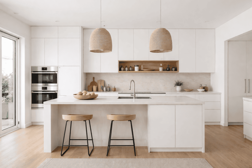 Modern frameless white kitchen with minimalist cabinetry, large island with integrated sink, light wood accents, and woven pendant lights.