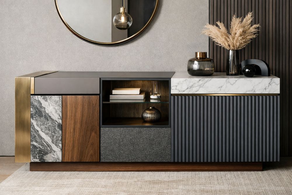 Luxury Italian sideboard cabinet with fluted panels, wood, marble accents, brass detailing, and integrated open shelving.
