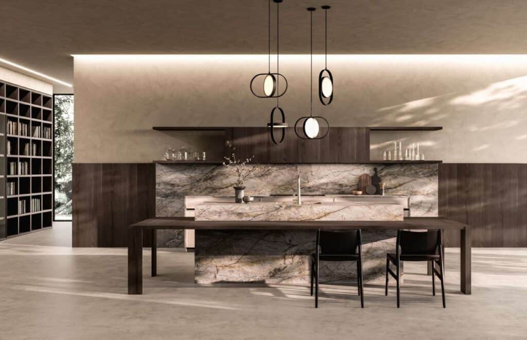 Discover QUINTESSENCE by Aster Cucine — a masterpiece of Italian kitchen design featuring dramatic quartzite stone, rich dark walnut veneer, and open-plan living integration.